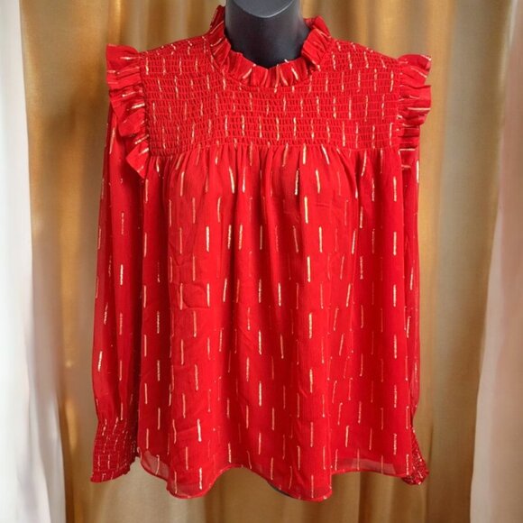Ann Taylor Festive Red‎ Shimmer Clip Smocked Ruffle Blouse - Picture 1 of 9